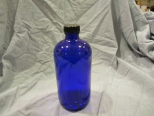 Vintage 6-1/2" Round SS Cobalt Blue Made In USA Glass Bottle