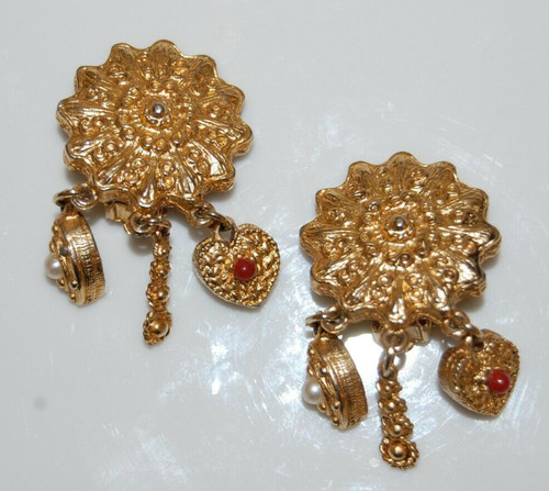 BEAUTIFUL MULTI CHARM BOHEMIAN BYZANTINE STYLE DANGLE DROP GOLDEN CLIP EARRINGS