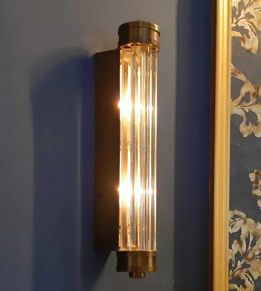 Vintage Antique Art Deco Brass & Glass Rod Ship Light Fixture Wall Sconces Lamp - Image 4 of 4