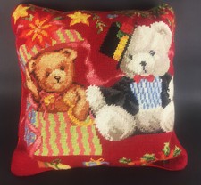 Vintage Needlepoint Pillow of 2 Teddy Bears under Christmas Tree 13X13
