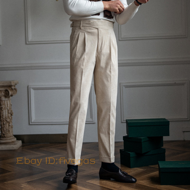 Men Gurkha Corduroy Straight Trousers High Waist Casual British Retro ...