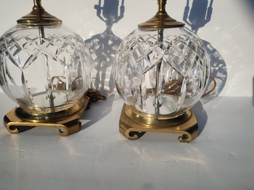 Pair Of WATERFORD Lismore Fine Cut Crystal Globe Table Lamps Brass Footed Base - Picture 9 of 12