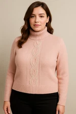 Umberto Ginocchetti Turtleneck Sweater Knitted Angora Wool Size L Pearls Pink