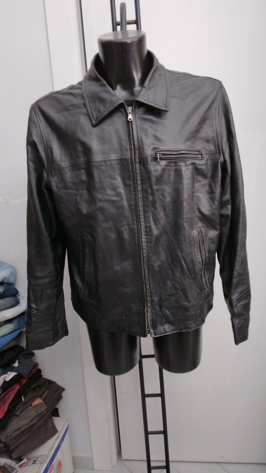Real Leather Jacket Genuine Leather Used Man Size 54 Black XYM788L