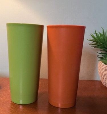 Tupperware Tumblers Harvest Colors 1348  Plastic Cups Orange & Green Lot Of 2