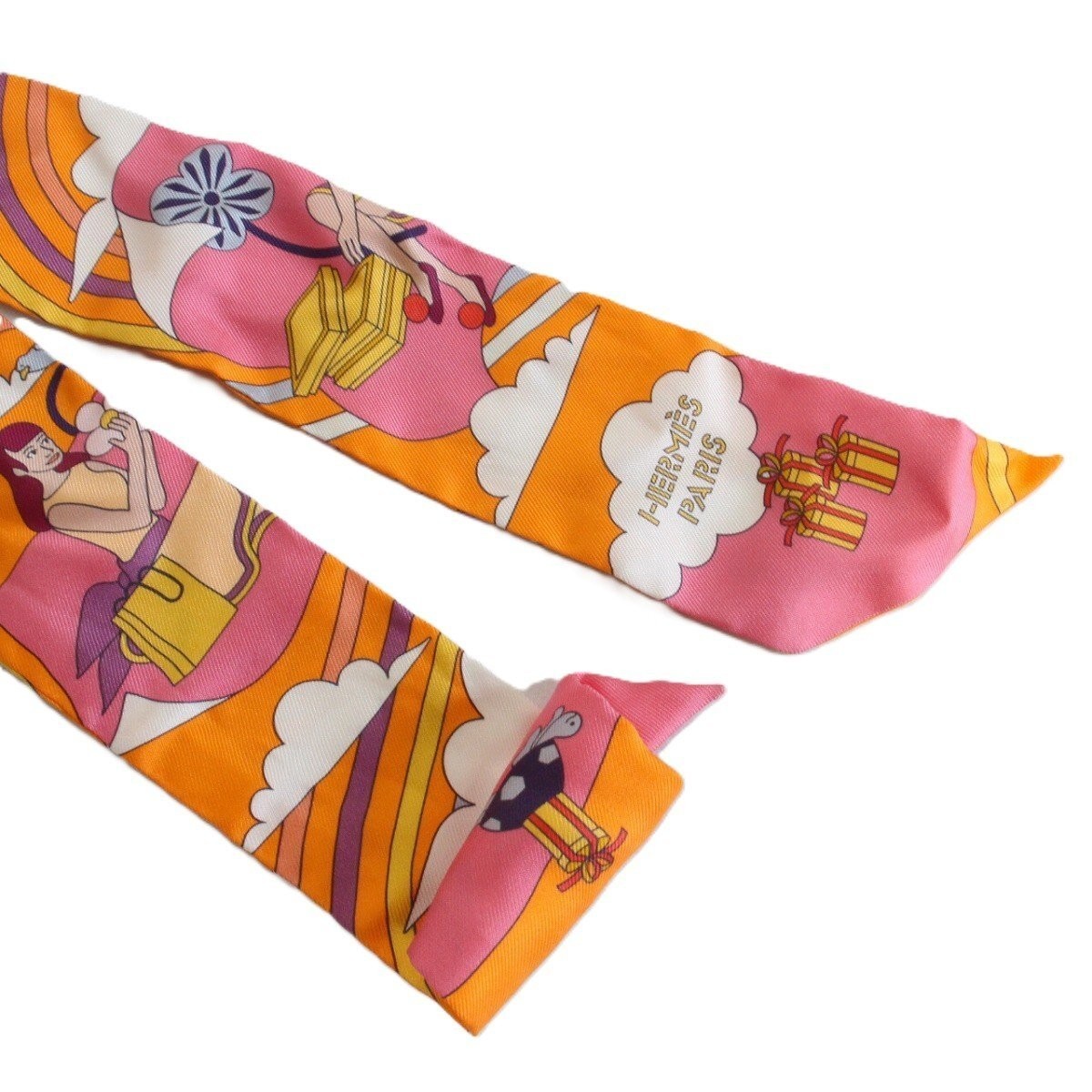 HERMES Twilly Silk My Cloud 063849S Orange 5cm x 85.5cm Authentic Rare image 4
