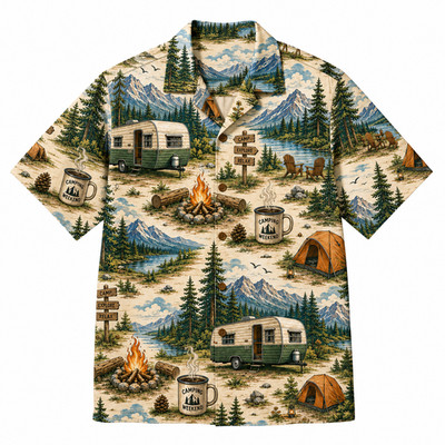 Camping Weekend Hawaiian Shirt Men Camper Mountain  Campfire Coffee Labor Day