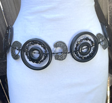 Vintage Chunky Black Resin Beaded Circle Silver Tone Meal Link Chain Belt