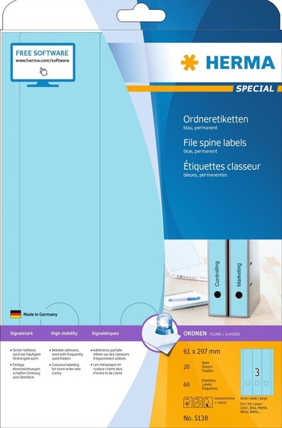 Herma Ordneretiketten A4 Blau 61X297 Mm Papier Matt Blickdicht 60 StüCk-image