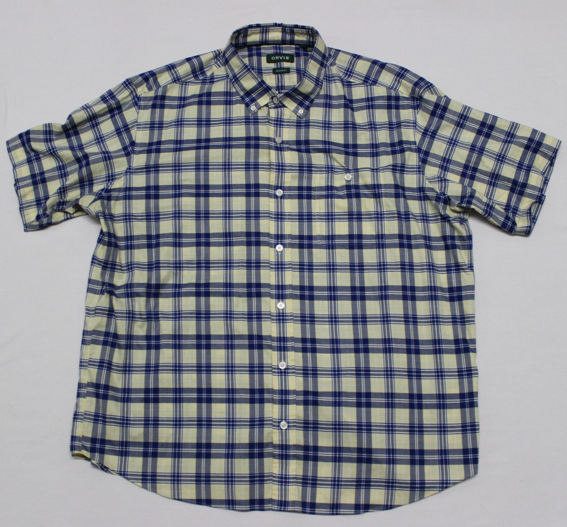 Orvis Men's Button-Up Shirt Size XXL Yellow Blue Plaid Short Sleeve Classic