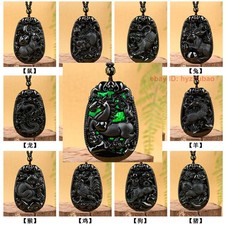Certified Grade A Black Natural Jade jadeite Carved Zodiac Luck Pendant Necklace