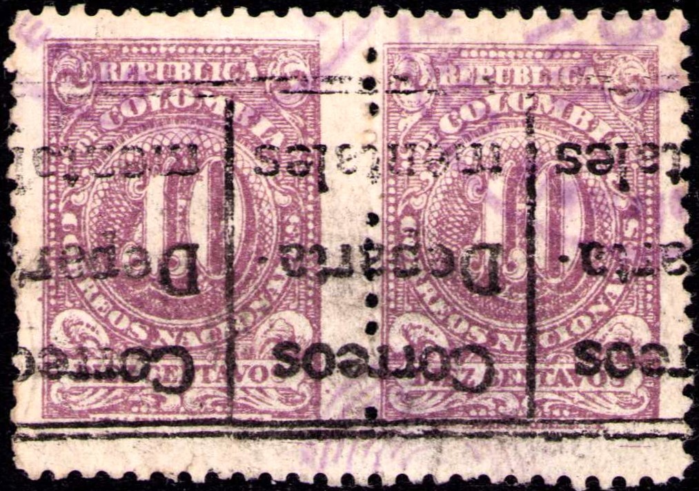 COLOMBIA - DEPARTMENTS - 10c PAIR - INVERTED HANDSTAMP ERROR - Sc L5v - 1909 RRR