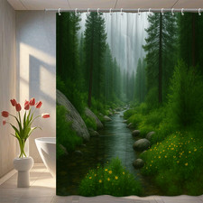 Nature-Inspired Green Shower Curtain with Waterfall and Forest Design