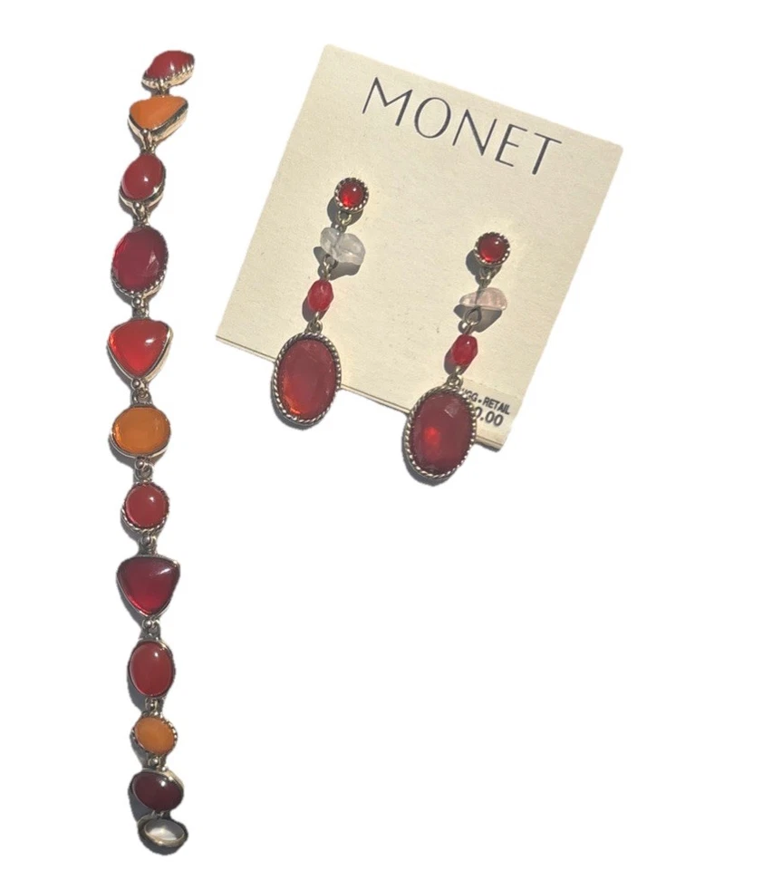 Juego de Pendientes y Brazaletes Monet Vintage Ámbar Rojo, Naranja Piedra Lucita Oro Foto 2 de 4