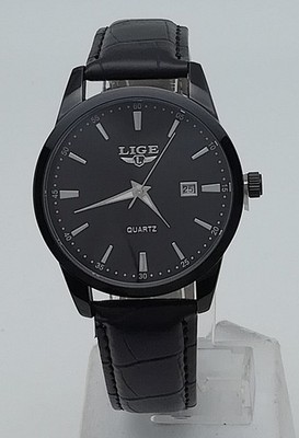 Lige Herrenuhr,Datumsanzeige,Leuchtzeiger,Lederband,die Uhr läuft,