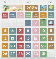 46 Pockets Classroom Calendar Pocket Chart with 77 Cards, Daily Monthly