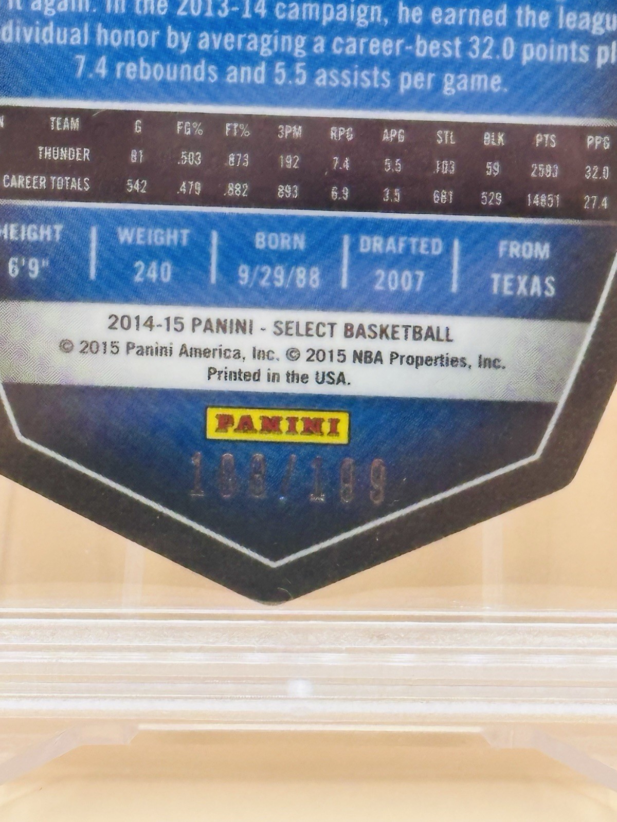 KEVIN DURANT 2014-15 Panini Select #108 Light Blue Prizm Die-Cut /199 PSA 9 view 3