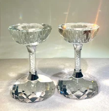 Pair Signed Oleg Cassini Crystal Glitters Candlestick Holder 4" H x 2.5" W