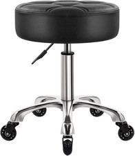 Ergonomic Heavy Duty Rolling Stool with Wheels - Adjustable Black Leather Seat