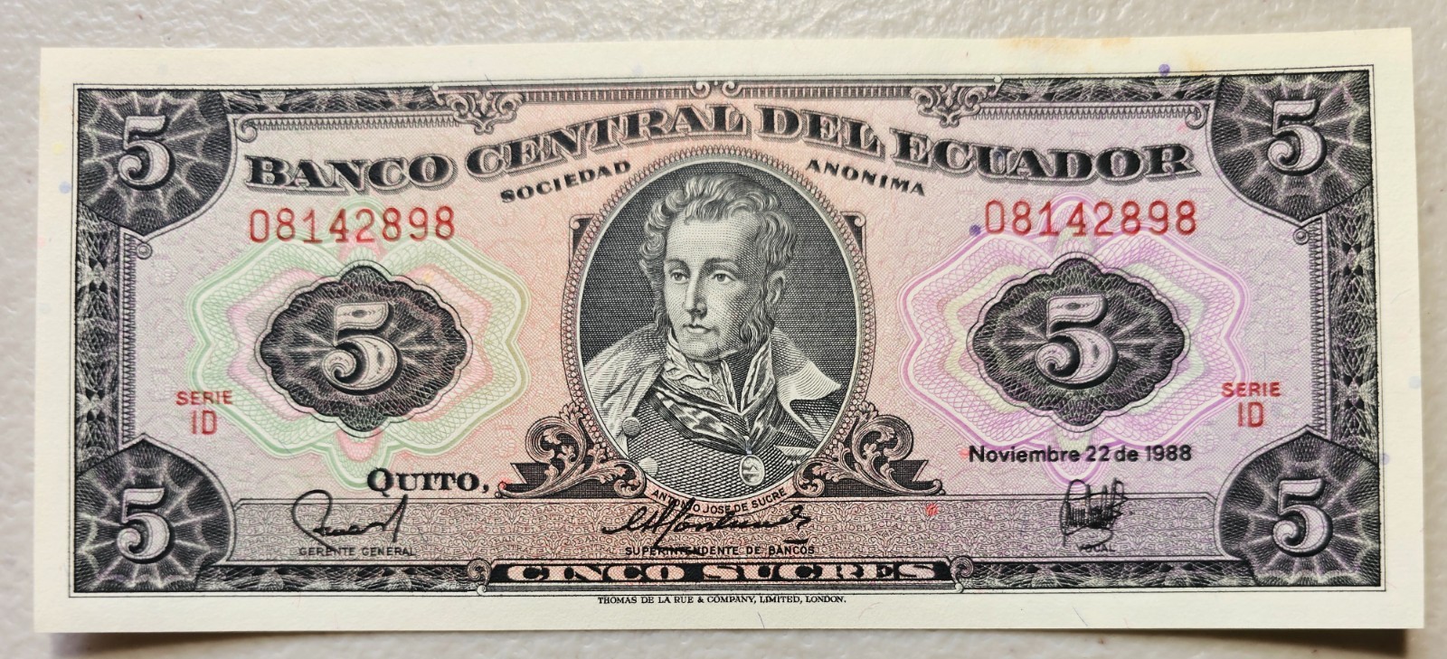 Ecuador 5 Sucres 1988 Unc