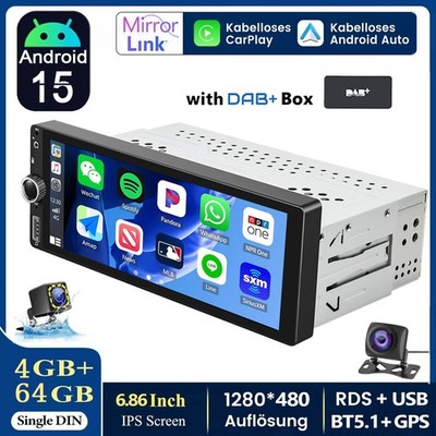 DAB+ Autoradio Universal 1 DIN Android 15 4+64GB Carplay GPS Navi USB Kamera SWC