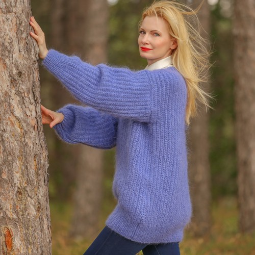 SuperTanya blau Fuzzy Mohair Pullover dick V-Ausschnitt Handarbeit Pullover, Größe L-XL - Bild 4 von 7