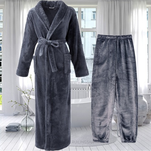Men Women Long Thick Flannel Bath Robe Plus Size Coral Fleece Bathrobe Sleepwear - Bild 37 von 37