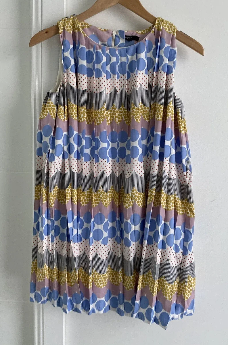Girls M&S Autograph Size 10-11 Dress Blue Yellow White Pattern Pleated Sleeveles