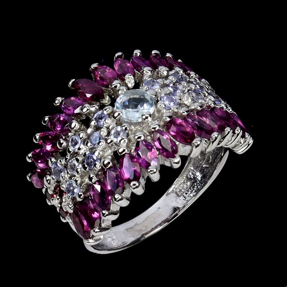 925 Sterling Silver Ring Marquise Rhodolite Tanzanite Natural Gemstone Jewelry - Image 2 of 4