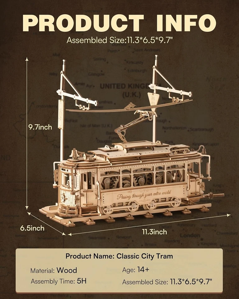ROKR Classic City Tram Car 3D Wooden Puzzle Model Kit Kids Toys Adult Xmas Gifts - Image 3 of 4