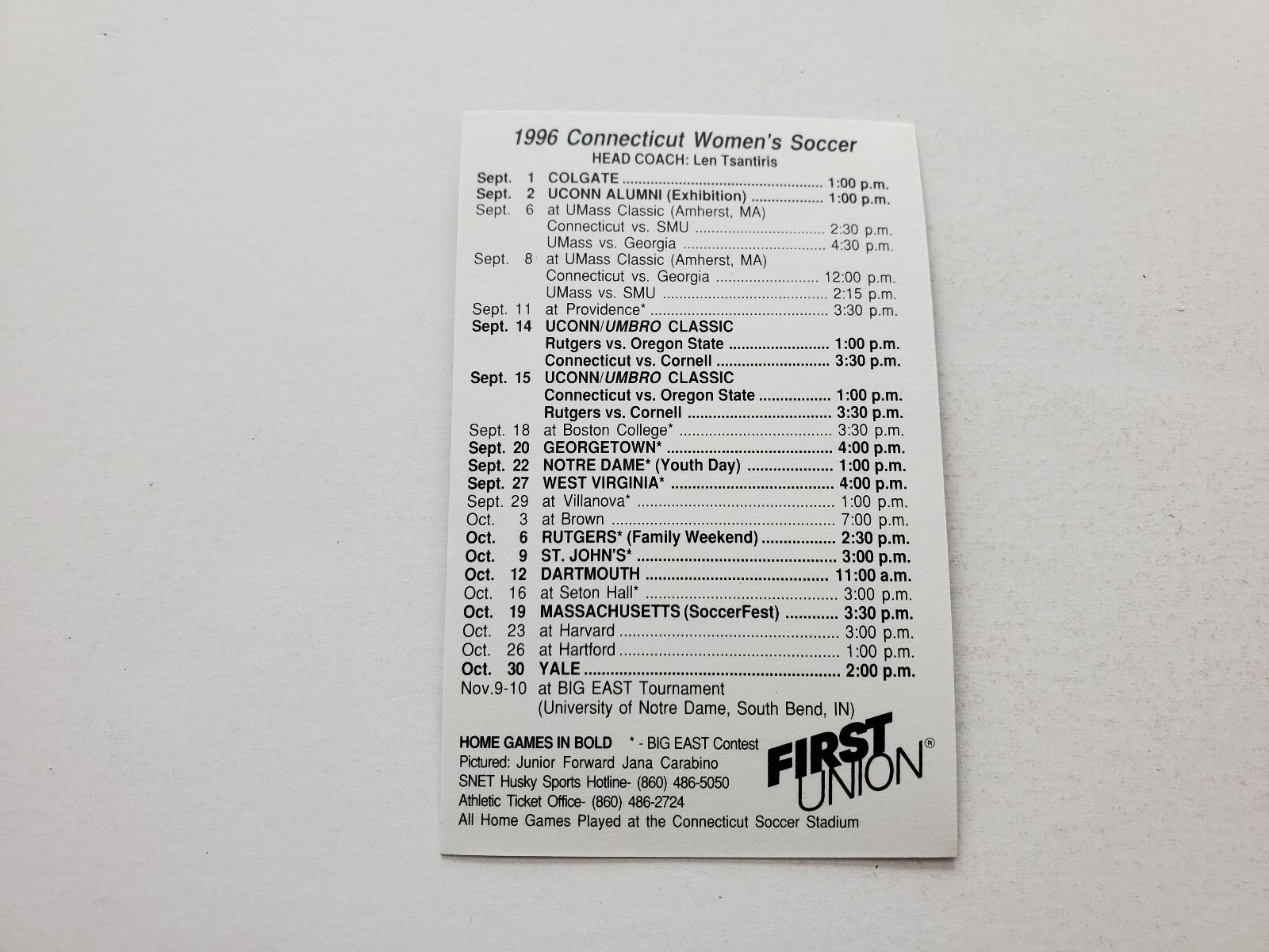 RS20 Connecticut, University UConn 1996 Women's Soccer Pocket Schedule Card