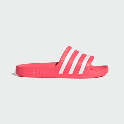 pink and white adidas sliders