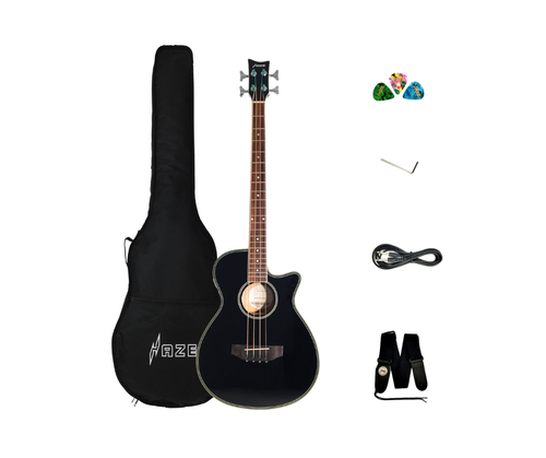 4-String Haze 3/4 Size Black Acoustic Bass Guitar w/EQ+Free Bag FB-711BCEQ/BK - Picture 3 of 20
