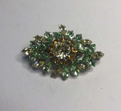 Vintage Shoffel & Co Citrine and green rhinestone brooch maker marked 