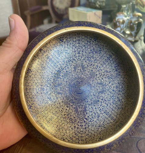 Beautiful Rare Antique Chinese Cloisonné Cobalt Blue Gold Bronze Bowl China Mint - Picture 10 of 17