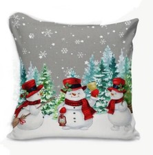Snowman Trio Trees Whimsical Christmas Throw Pillow Cover Winter Holiday Decor
