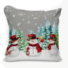 Snowman Trio Trees Whimsical Christmas Throw Pillow Cover Winter Holiday Decor