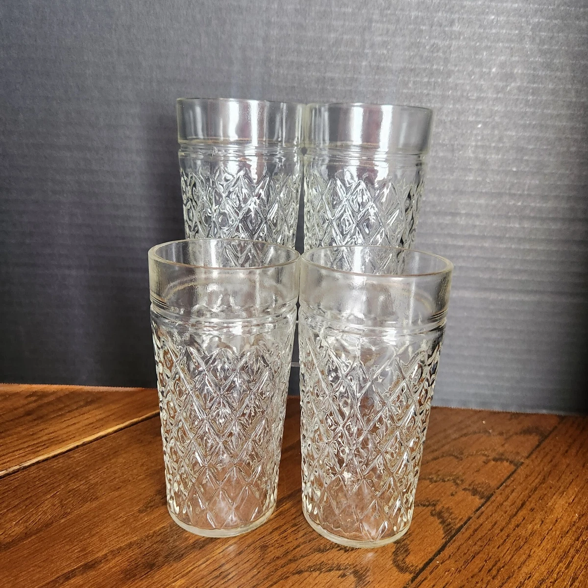 VTG Anchor Hocking Cut Diamond Quilted Pattern Clear Glass Drinking Glasses  (4)