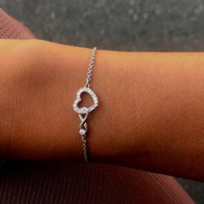1Ct Round Cut Real Moissanite Women Heart Chain Bracelet 14K White Gold Plated