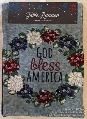 TAPESTRY TABLE RUNNER PATRIOTIC 4th FOURTH OF JULY HYDRANGEAS GOD BLESS AMERICA