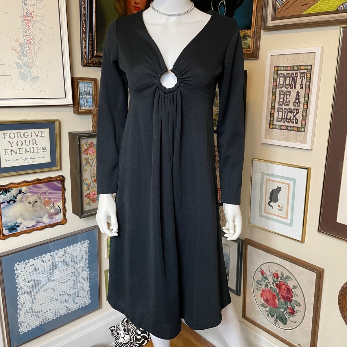 70s Vintage George Originals Black Long Sleeve Empire Waist Dress with Keyhole