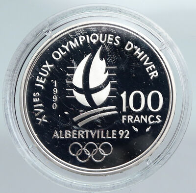 フランス共和国メダル 1990 FRANCE Slalom Skiing 1992 Olympics OLD Proof Silver 100
