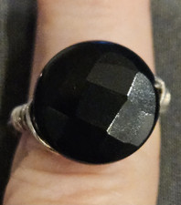 Black Faceted Glass Ring Sz 6.5 Wire Wrap Silver Tone Jewelry