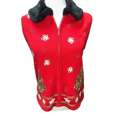 Women s Christmas Vest sleeveless Fuzzy Collar Snowflakes Christmas Tree S Red 