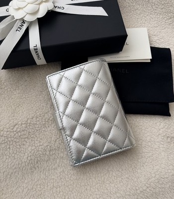 Auth BN Chanel Silver Quilted Caviar CC Logo Passport Holder