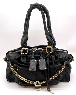 Auth Chloé Paddington Distressed Leather Black Hobo Bag W/Lock/Key i061386