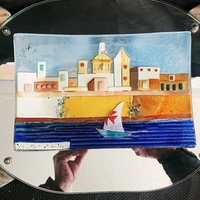 Mdina Valletta-Malta 3D Fused Art Glass Rectangular Tray Etched Signed 10 1/4'' L