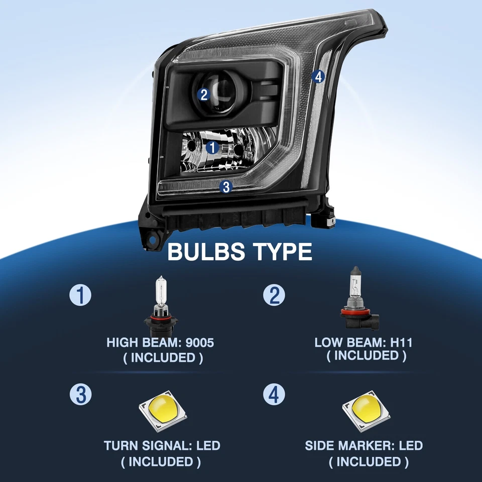 Faros halógenos negros transparentes L+R para GMC Yukon 2015-2020 con proyector LED DRL Foto 2 de 4