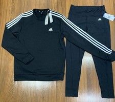 adidas Women's Sweater Pants 2pc Tracksuit Black Activewear Size L New