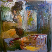 Surrealist Interior With Female Figure Abstract Large Oil Painting Canvas 24x24